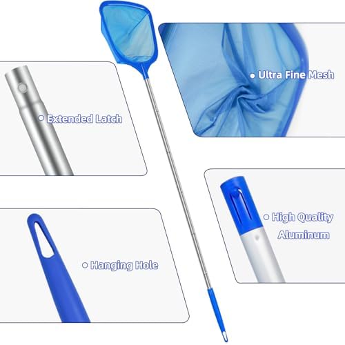 Pool Skimmer Net with Telescopic Pole – Fine Mesh for Leaves, Dust, Debris – Lightweight Safe-Edge Extendable 2.6–5.7 ft Aluminum Handle for Pools, Spas, Hot Tubs, Ponds & Garden Water