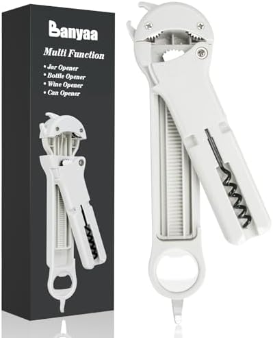 Jar Opener for Seniors with Arthritis, 7 in 1 Bottle Opener and Wine Corkscrew, Easy Grip Kitchen Gadget for Weak Hands Elderly, Retractable Jaw Lid Opener with Magnetic Storage (White)