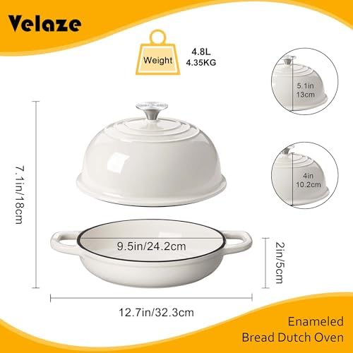 Velaze 5 QT Enameled Cast Iron Dutch Oven for Bread Baking with Dome Lid
