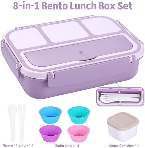 Bento Box Adult Lunch Box, Lunch Containers for Kids Girls Boys with 4 Compartments, Lunchable Food Container with Utensils, Sauce Jar, Muffin Liners, 40 Oz/5 Cup, Microwave Safe, Lavender
