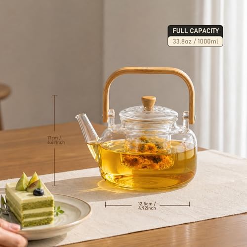 1000ml (33.8oz) Borosilicate Glass Teapot with Wooden Handle, Stovetop Safe Clear Tea Kettle with Removable Glass Infuser for Blooming Tea & Loose Leaf Tea