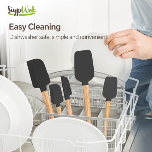 Silicone Spatula Set, Food Grade Rubber Spatula-5 Piece Nonstick Rubber Spatulas, Spoonula, Jar Scraper for Cooking, Baking, Mixing, Frosting - Heat Resistant Up to 600°F (5 Pcs Black)