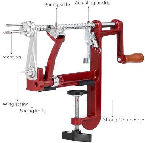 Apple Peeler Corer, Long lasting Chrome Cast Magnesium Alloy Apple Peeler Slicer Corer with Stainless Steel Blades and Powerful Clamp Base for Apples and Potato(Deep Red)