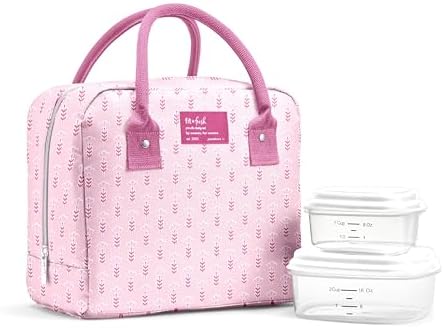 Fit & Fresh Bloomington Lunch Bag for Women - Insulated Large Lunch Box for Work with Containers, Leak-Resistant, Stain-Resistant, Zipper Closure, Tiny Pink Flowers