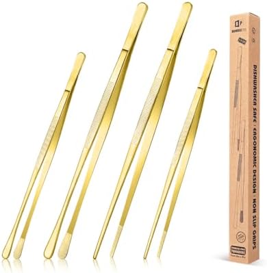 4 Pcs Fine Long Tweezer Tongs Professional Gold, 12'' and 10'' Stainless Steel for Kitchen, Food, Cooking, Repairing, Sea food and BBQ