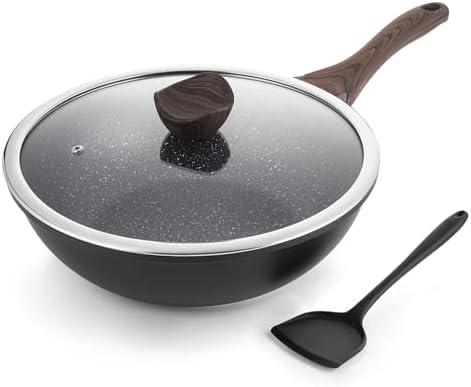 Kordisen Nonstick Wok with Lid, 12 Inch Woks & Stir-fry Pans, Granite Stone Coating for Cooking, Induction Cookware, Compatible with All Stovetops, PFOA Free
