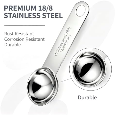 4-Piece 18/8 Stainless Steel Measuring Spoons – 1 Teaspoon, 1/3 Tablespoon, 5 mL – Durable Metal Spoons for Kitchen, Baking, Coffee, Tea