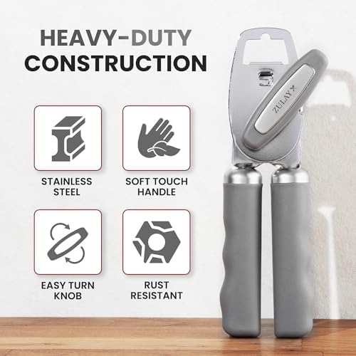 Zulay Kitchen Manual Can Opener Heavy Duty Patented Stainless Steel, Gray