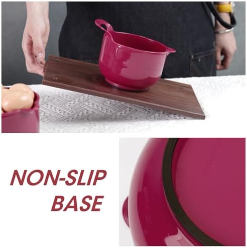 BoxedHome 4 Pack Nesting Mixing Bowl Set with Pour Spout and Handle, Non-Slip Bottom, BPA free Microwave & Dishwasher Safe(Deep Carmine)