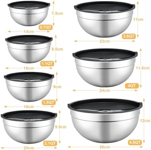 Hunnycook 7 Piece Mixing Bowls with Lids Set - Mixing Bowls Stainless Steel Bowls for Kitchen Baking, Size 0.7, 1.1, 1.5, 2.1, 3.5, 4, 4.5QT, Baking Bowl for Food Preparation, Mixing and Serving Foods