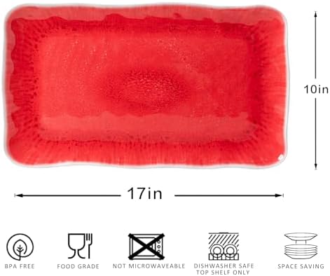 17” x 10” Rectangular Large Serving Platters, 2 Pieces Melamine Serving Trays Sets for Serving Food For Christmas, Mother's Day, Parties, Wedding, Gatherings, Dishwasher Safe. Reactive Red