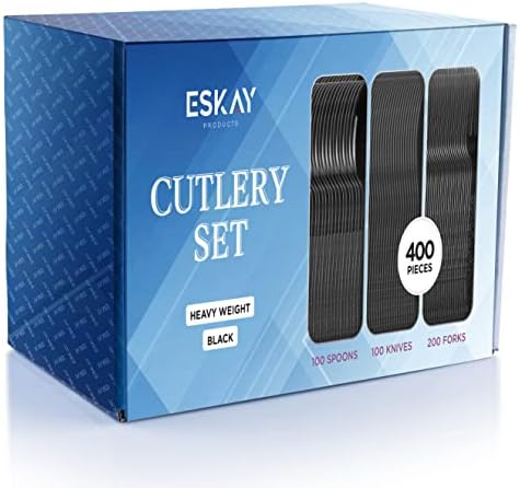 Heavy Weight Plastic Silverware Set - 200 Forks, 100 Knives, 100 Spoons - Disposable Cutlery Combo (Black) (Pack of 6)