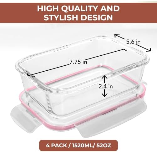 Razab 6.5 Cups / 52 Oz 4 Piece (2 Containers + 2 Lids) Glass Food Storage Containers Set with Airtight Locking Lids - For Storing, Baking & Serving BPA Free, Leakproof - Microwave, Freezer & Oven Safe