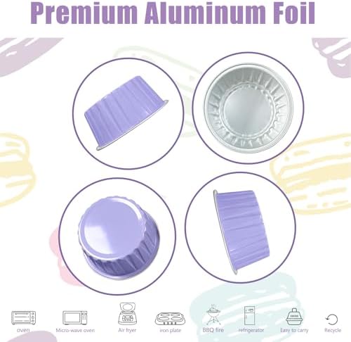 100Pcs Aluminum Cups with Lids,5oz Disposable Ramekin Baking Cups Muffin Liners Mini Pie Pans Foil Cupcake Containers for Christmas Party Wedding Party,Purple