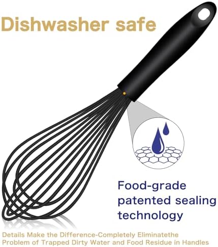 OYV Dishwasher Safe Silicone Whisk, Sealed Waterproof Design Set of 3, Professional Kitchen Whisks for Cooking Non-Scratch, Silicone & Stainless Steel Whisk, Heat Resistant Balloon Egg Beater, Black