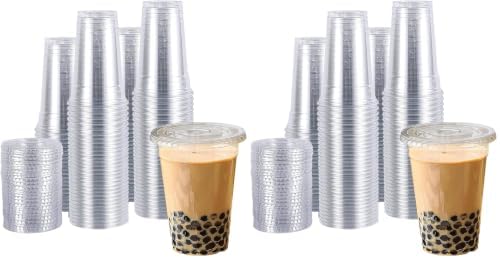 TashiBox plastic cups with lids [20 oz 100cups&100flat lids],Clear Crystal disposable plastic cups,smoothie cups (Pack of 2)