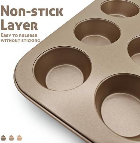 Satax Muffin Pan for Baking, Nonstick Cupcake Tin 12 Cup,sets of 2,Heavy Duty Steel Muffin Pan (Gold, 12-cup)