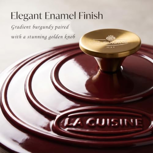La Cuisine Enameled Cast Iron Dutch Oven Casserole Pot with Golden handle for Lid, Internal Matte Black Enamel Coating 2.1QT 10.5" / 20cm Ø, Oven-Safe 550°F/276°C Cranberry