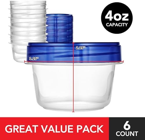 Stock Your Home 4oz Plastic Containers with Twist Top Lids (6 Pack), 1/2 Cup Small Freezer Containers for Leftover Food, Airtight Reusable Soup Containers with Lids, Microwave and Dishwasher Safe