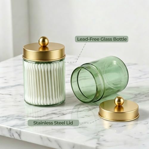 Amolliar Glass Apothecary Jar Qtip Holder Metal Lids 4pc/Green-golden
