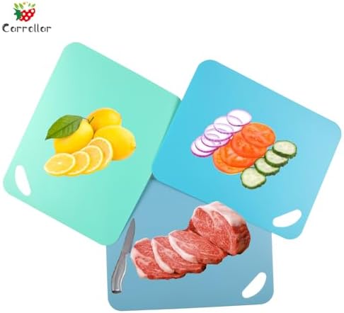 Plastic Flexible Cutting Mats for Kitchen, 3pcs Color Coded Chopping Board Set, Cutting Board Sheet for Kitchen Cooking, Dishwasher Safe（13x10.6"）