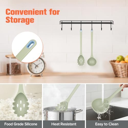 Silicone Spaghetti Spoon & Soup Ladle Cooking Utensils Set of 2 (Green)