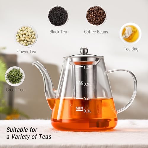 PARACITY 44oz Glass Teapot with Infuser, Stovetop Tea Pot with Scale, Clear