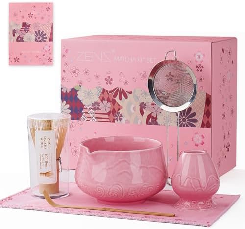ZENS Premium Matcha Whisk Set, 6pcs Matcha Kit with Matcha Tools, Pink