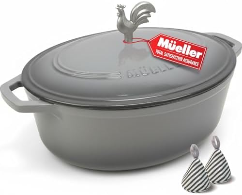 MUELLER HOME 5.5 Quart Enameled Cast Iron Oval Dutch Oven with Rooster Knob & Cotton Potholders, Heavy-Duty Cookware, Oven-Safe up to 500° F & Across All Cooktops, Gifts for Grandma & Women, Gray