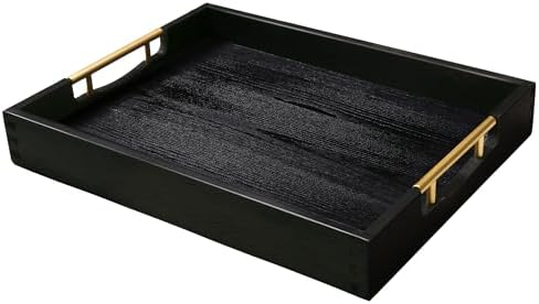 LotFancy 17x13 Inch Wood Serving Tray with Metal Handles, Black