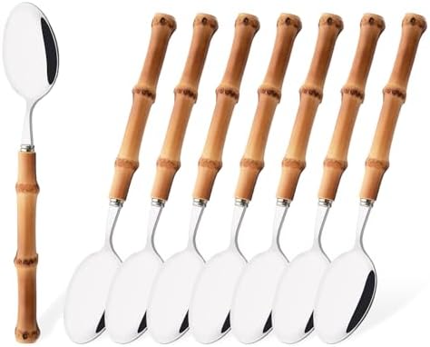 8-Piece Bamboo Handle Dinner Spoon Set, Stainless Steel Spoons for Kitchen Home and Restaurant, Mirror Polished, 8.03 inch