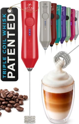 Zulay Kitchen Rechargeable Milk Frother Handheld - Frother Wand, Drink Mixer, Electric Whisk Frother, for Cappuccinos, Matcha & Protein Powder - Dynamic Triple Whisk, 3 Speed 500mAh Red