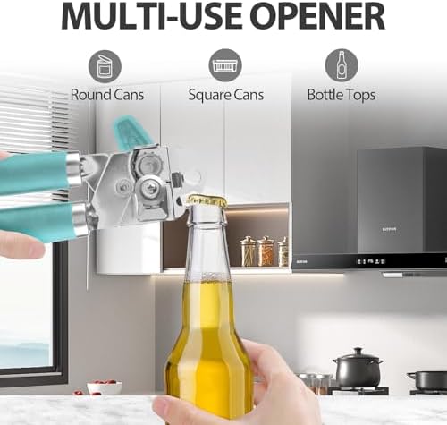 Safring Can Opener Manual, Heavy Duty Handheld Strong Can Opener with Soft Touch Handle, Sharp Blade Smooth Edge, Can Openers with Multifunctional Bottle Opener, Aqua Sky