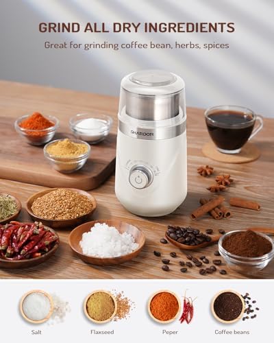 SHARDOR Electric Super Silent Blade Coffee Grinder, Timed Grind Control Rotary Knob, Adjustable Coarse to Fine for Coffee Beans, Spices & Herbs, with 1 Removable Stainless Steel Bowl, Cream