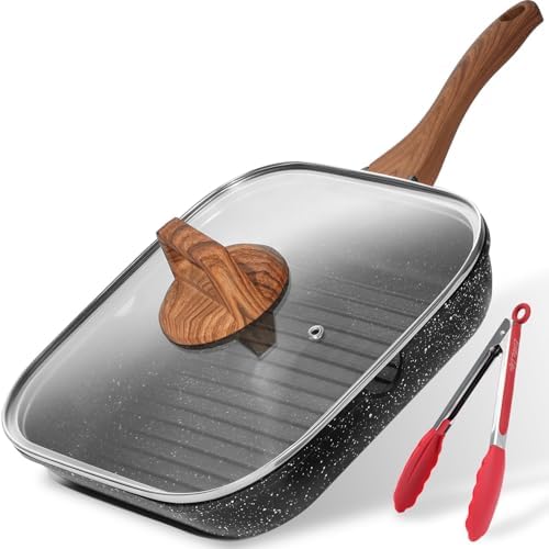 ESLITE LIFE Nonstick Grill Pan with Lid & Tongs for Stove Tops, 11 Inch Versatile Square Big Grilling Skillet Steak Pan with Pour Spouts for Indoor & Outdoor Cooking, PTFE & PFOA Free, Black