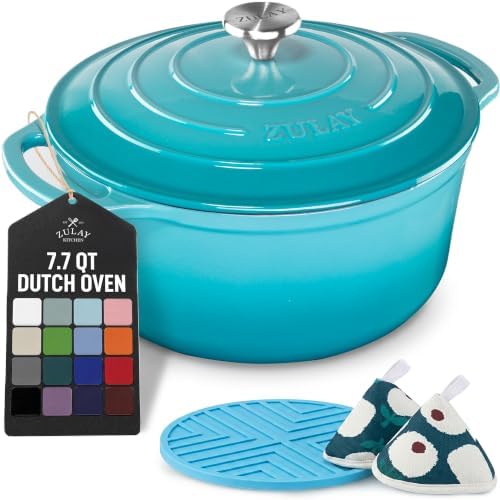 Zulay Kitchen 7.7 Quart Enameled Cast Iron Dutch Oven Pot with Lid – Premium Durability & Oven Safe up to 500°F – Heavy Duty Cookware Perfect for Bread Baking, Stews, Braising & Roasting – Light Blue