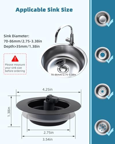 Universal 3 in 1 Kitchen Sink Drain Strainer Stopper Combo, Matteblack
