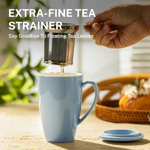 Sweese 15 OZ Porcelain Tea Mug with Infuser and Lid, Loose Leaf Tea Cup, Gifts for Tea Lover, Bluish Grey