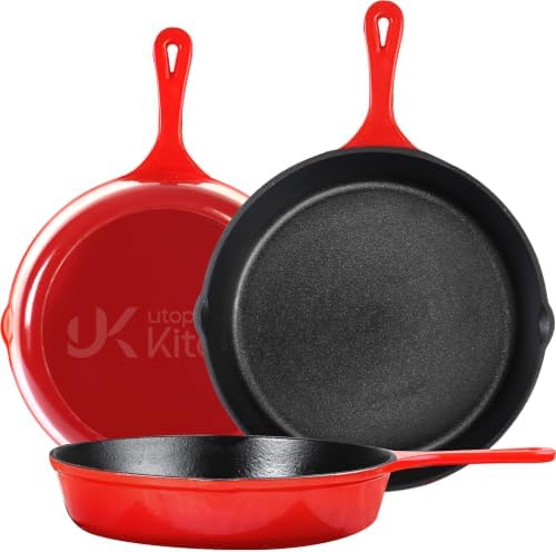 Utopia Kitchen Cast Iron Skillet Set 3 Piece 6 8 10 Inch PFAS-Free Red
