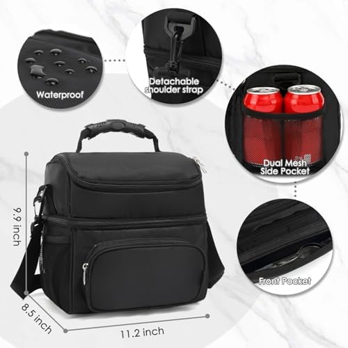 FlowFly Double Layer Cooler Insulated Lunch Bag Adult Lunch Box Large Tote Bag for Men, Women, With Adjustable Strap,Front Pocket and Dual Large Mesh Side Pockets