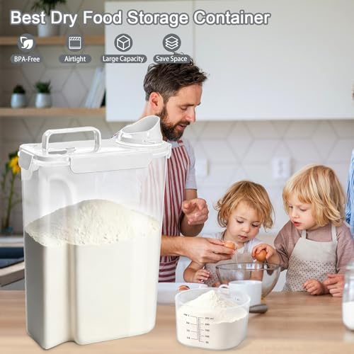 Komzon Rice Storage Containers 20lb, Airtight Cereal Containers Storage, with Pouring Spout Portable Handle for Flour, Pasta, Grain and Baking, Pet Dog Cat Bird Food Container White
