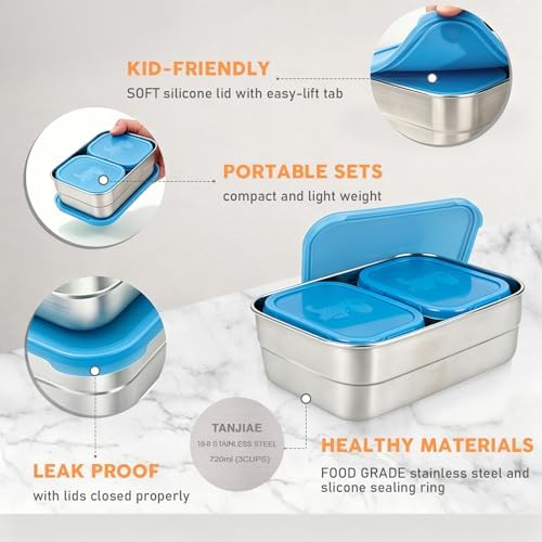 Tanjiae 3 CUP+1 CUP Stainless Steel Lunch Snack Containers Set | Leak Proof 304 Stainless Steel Food Containers with Silicone Lids - Perfect Metal Lunch Box for Home and Travel (25oz+8oz*2)