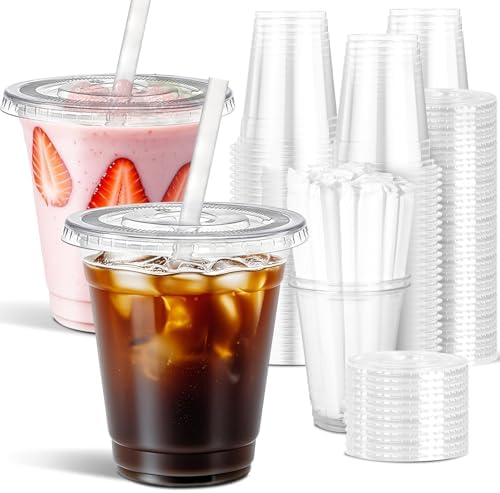 Ginkgo 100 Pack 12 oz Plastic Iced Coffee Cups with Lids and Straws