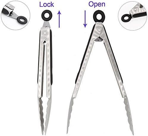 304 Stainless Steel Kitchen Cooking Tongs, 9" and 12" Set of 2 Sturdy Grilling Barbeque Brushed Locking Food Tongs with Ergonomic Grip, Black (Pack of 2)