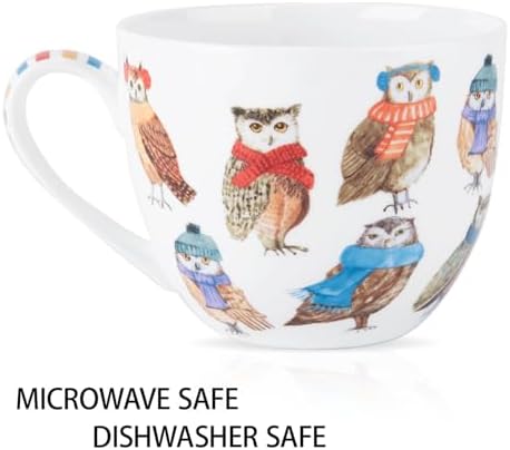 Cute Autumn Owls Coffee Mug, 20 oz Bone China Mugs with Charming Owls in Color Scarves and Hats, Perfect Brithday and Christmas Gift for Bird Enthusiasts, Designed in England by Harvest Green Studio