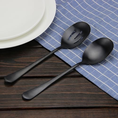 Serving Spoons Set, Black Stainless Steel, 8.7 Inch, Slotted and Solid Serving Utensils for Party Buffet Dinner Banquet Cooking Kitchen Basics, Mirror Finish Flatware, 4 Piece