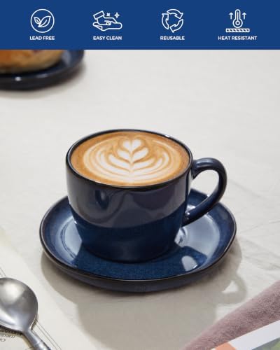Pokini Stoneware Coffee Cups with Saucers, Cappuccino Cups, Mugs Set of 4