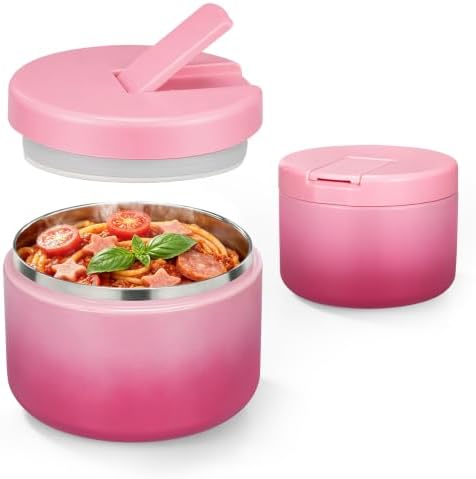 Pawtong 12oz Insulated Vacuum Food Jar with Buckle Lid Wide Mouth Soup Thermo for Hot Food Kids Leakproof Stainless Steel Lunch Container (Gradient Pink, 12OZ)