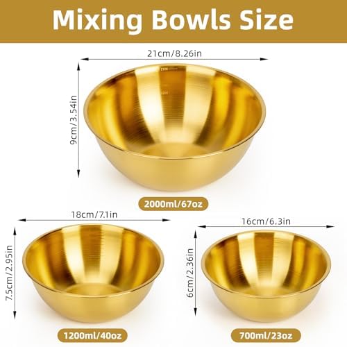 3-Set Stainless Steel Golden Mixing Bowls Set (0.74, 1.26 & 2.2 Qt) Metal Bowl Sets with Measurement Marks, Dishwasher Safe & Stackable - For Baking, Salad Making, Meal Prep and Kitchen Use