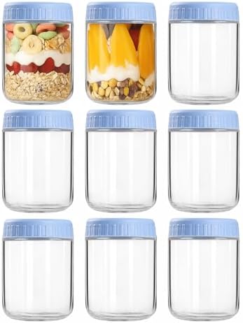 Overnight Oats Containers with Lids, 16oz Wide Mouth Mason Jars with Lids, 9 Pack Glass Jars with Airtight lid for Chia Pudding Yogurt Salad, Meal Prer Oatmeal Jars, Blue
